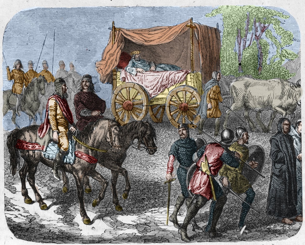 Scena che raffigura i re pigri: il re di Francia Thierry III (673-691) trasportato in un carro con un letto trainato da buoi. da Unknown artist