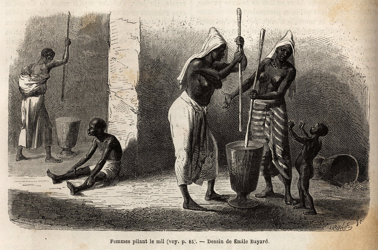 Scena di vita quotidiana: donne che pestano miglio, a Sekou (Niger), circondate da bambini. Incisione per illustrare il viaggio nel Sudan occidentale del tenente (Marina) M. Mage, nel 1863-1866, pubblicato in "Le tour du monde, nouveau journal des voyages" da Unknown artist