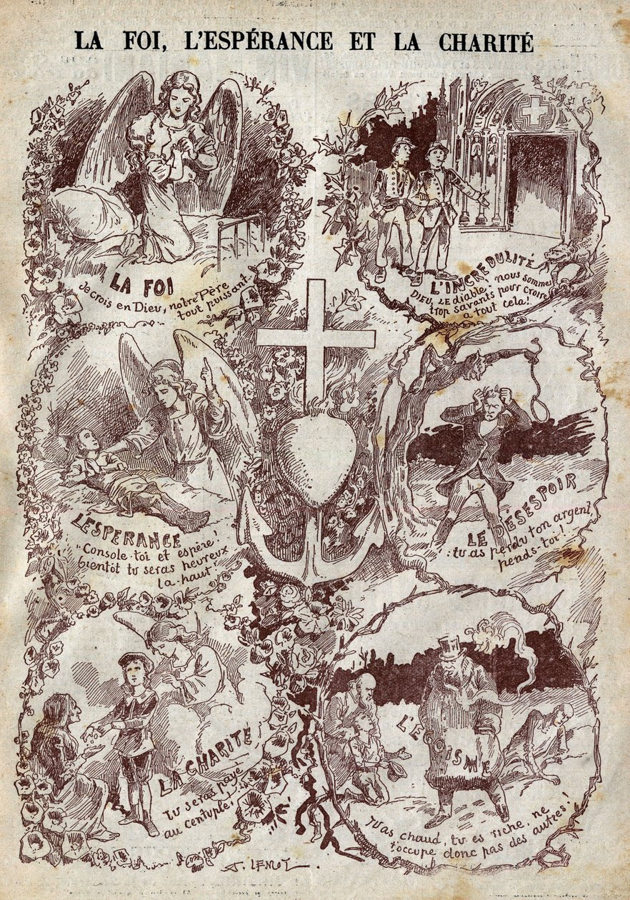 Scene che illustrano Fede, Speranza, Carità e i loro opposti, Incredulità, Disperazione ed Egoismo. Illustrazione in “Le Pelerin” del 27 marzo. da Unknown artist