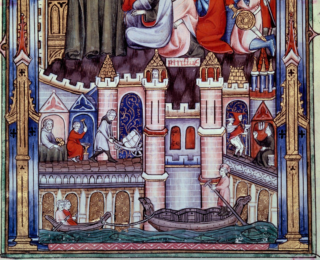 Scene di lavori di costruzione e navigazione a Parigi nel Medioevo. Miniatura dal manoscritto 