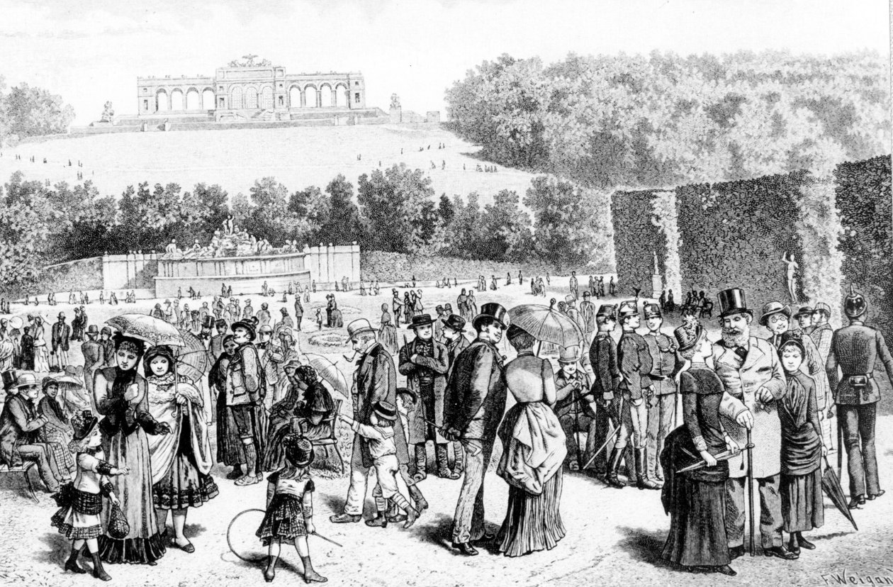 Parco di Schönbrunn, un complesso di palazzi e giardini situato non lontano da Vienna, era la residenza estiva della famiglia Asburgo dal XVIII secolo. Litografia del XIX secolo da Unknown artist