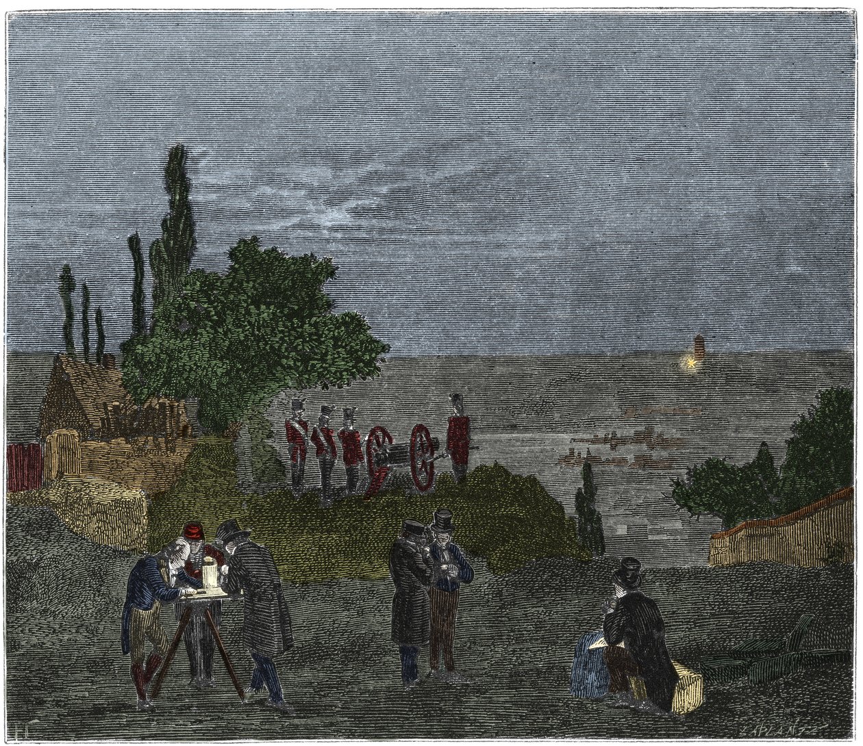 Esperimento scientifico: il calcolo della velocità del suono, da Humboldt, Louis-Joseph Gay-Lussac, Bouvard, Prony e Mathieu, che determinano il tempo trascorso tra la percezione della luce e quella di un colpo di cannone, nella notte da Unknown artist