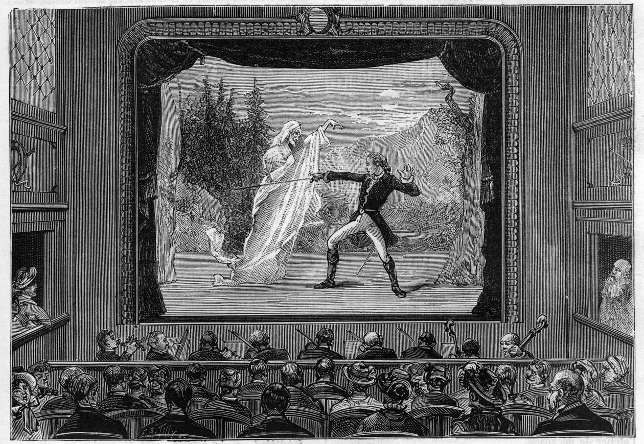 Spettacoli scientifici: spettri viventi. Esperienza degli spettri sul palco del teatro. Un comico combatte un fantasma. Incisione in "La Nature" da Unknown artist