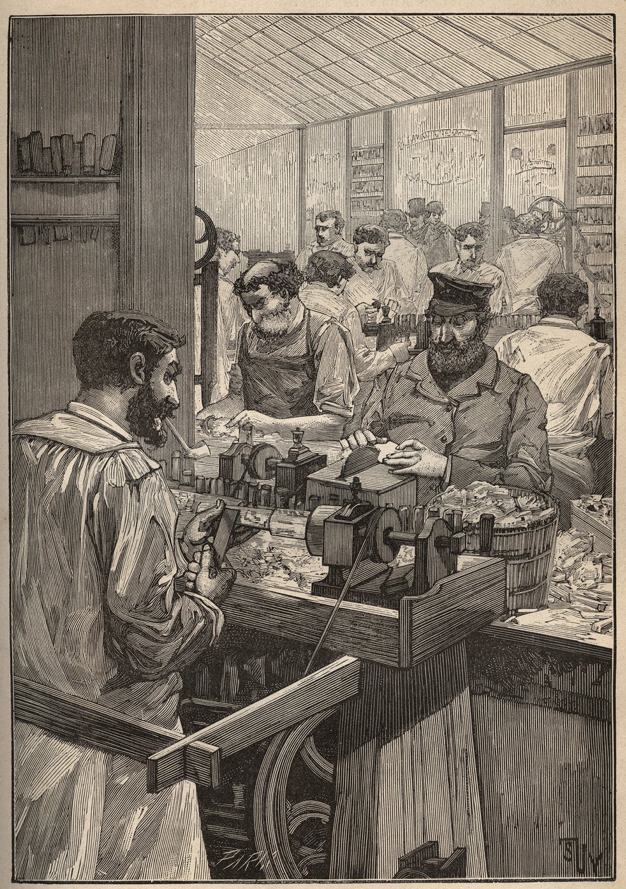 Schiuma di mare: fabbricazione di pipe in schiuma di mare. Incisione del 1885 in "Les arts et metiers illustres" di Adolphe Bitard da Unknown artist