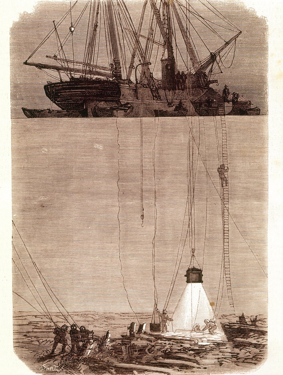 Ricerca di galeoni spagnoli naufragati nella baia di Vigo nel 1702. Pagina tratta da “Emporio Picturesco” 1871 da Unknown artist