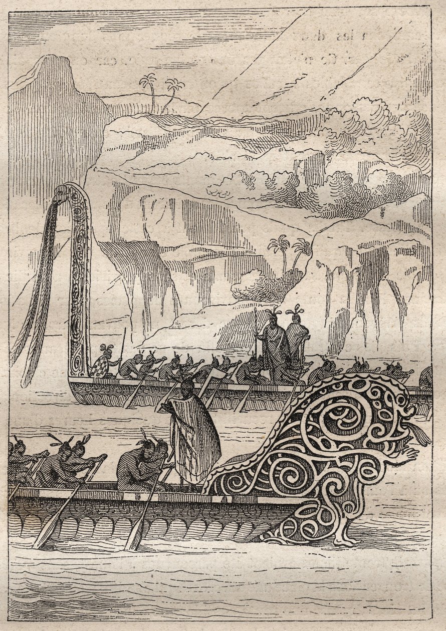 Secondo viaggio (1772-1775) del Capitano James Cook (1728-1779): canoe da guerra neozelandesi - illustrazione tratta da 