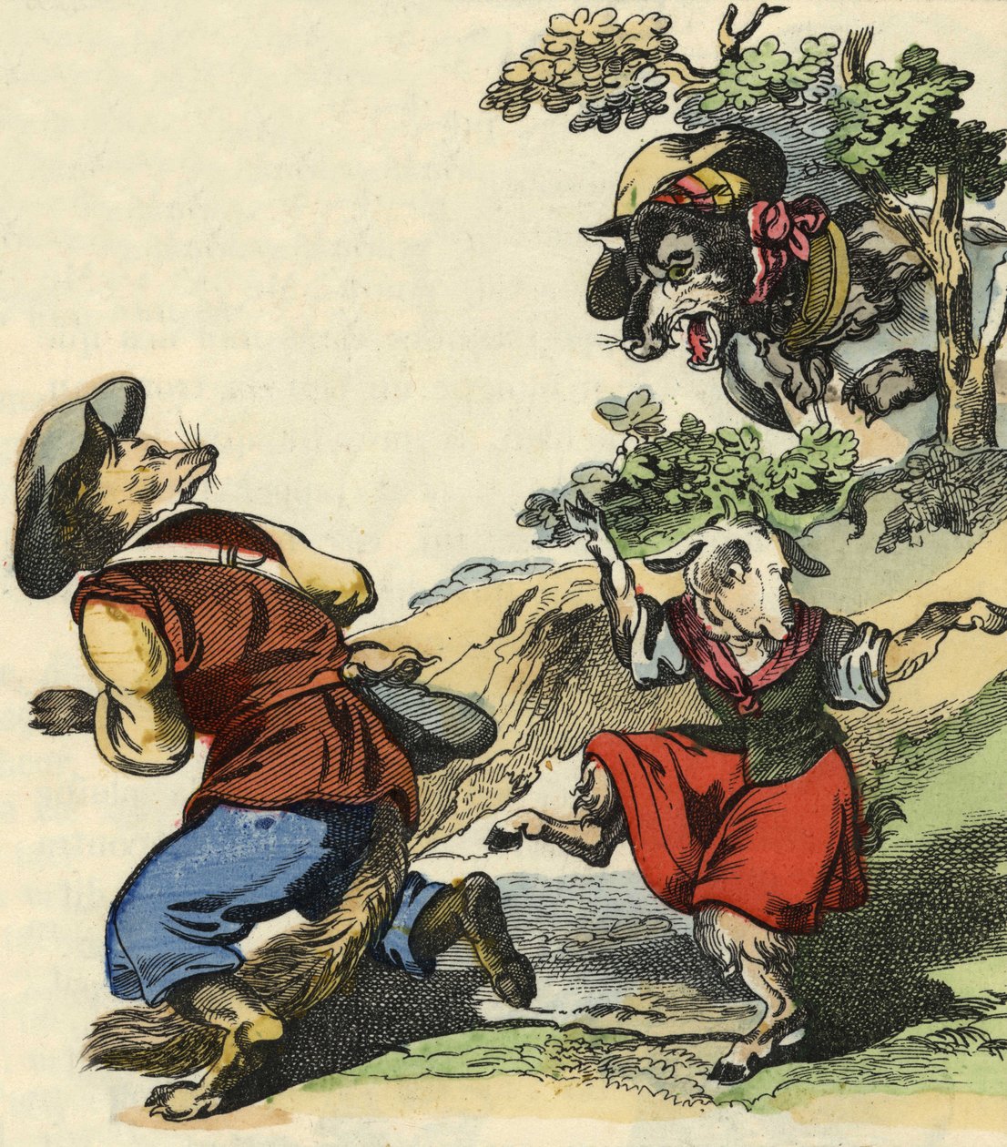 Il lupo vede, Maestro Volpe fugge, lasciando Piccola Capretta in pericolo. Illustrazione della fiaba "Bon medor e Piccola Capretta". In "Fiabe dalla casa per i piccoli". Incisione anonima del XIX secolo da Unknown artist