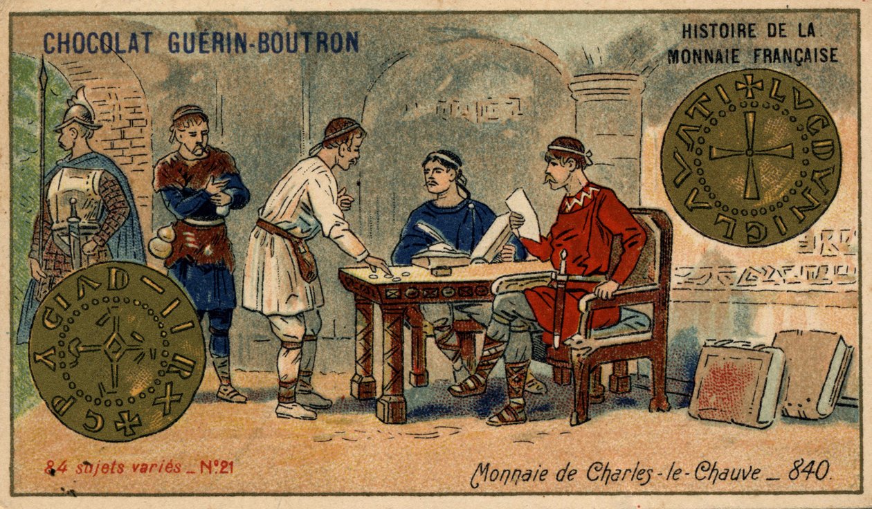 Serie Histoire de la Monnaie Française pubblicata da Chocolat Guérin Boutron. Cromolitografia del XIX secolo. Moneta di Carlo il Calvo nell