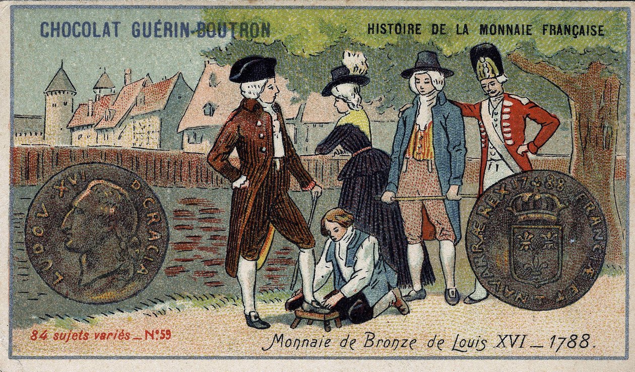 Serie Histoire de la Monnaie Française pubblicata da Chocolat Guérin Boutron. Cromolitografia del XIX secolo. Moneta di bronzo di Luigi XVI nel 1788 da Unknown artist