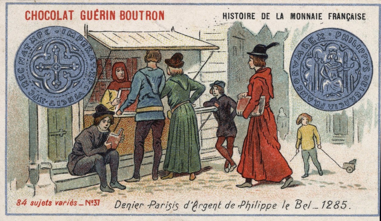 Serie Storia della Moneta Francese pubblicata da Chocolat Guérin Boutron. Cromolitografia del XIX secolo. Denaro d