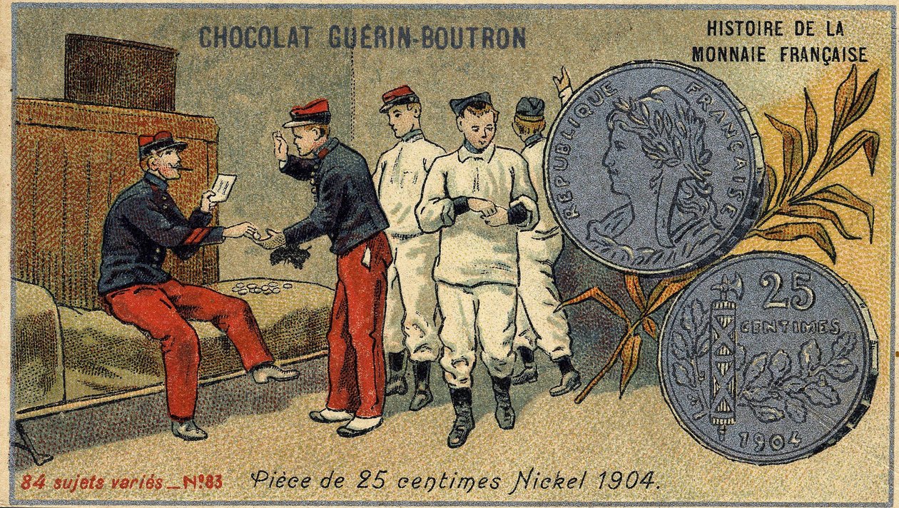 Serie Storia della Moneta Francese pubblicata da Chocolat Guérin Boutron. Cromolitografia del XIX secolo. Moneta da 25 centesimi. Nichel 1904 da Unknown artist