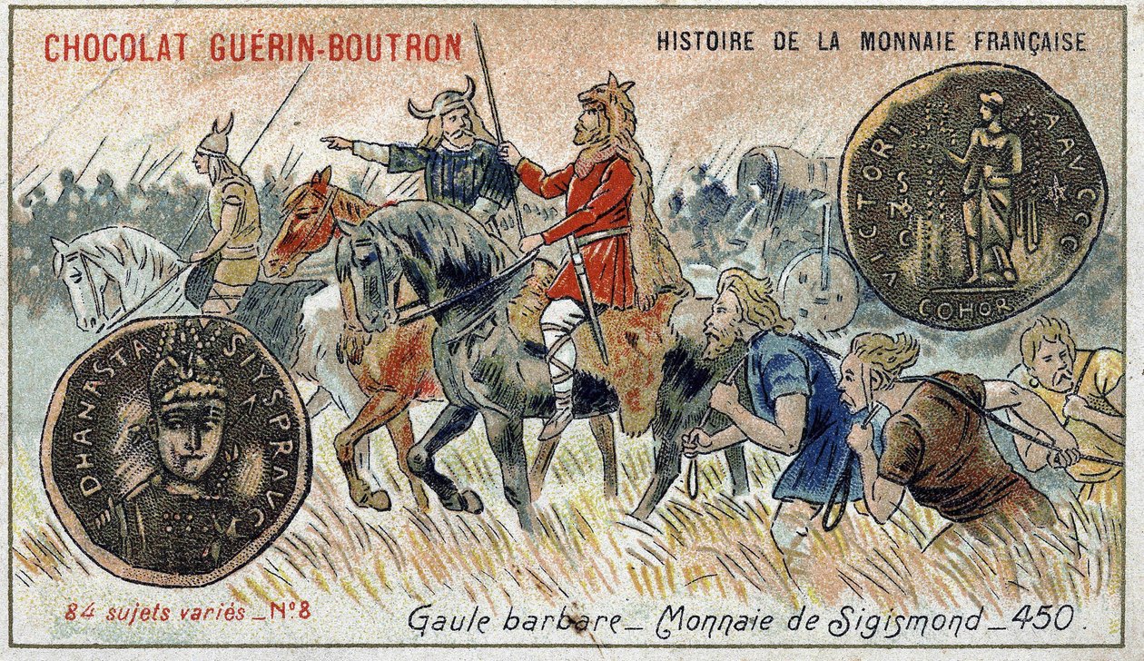 Serie Storia della Moneta Francese pubblicata da Chocolat Guérin Boutron. Cromolitografia del XIX secolo. Gallia barbarica. Moneta di Sigismondo da Unknown artist