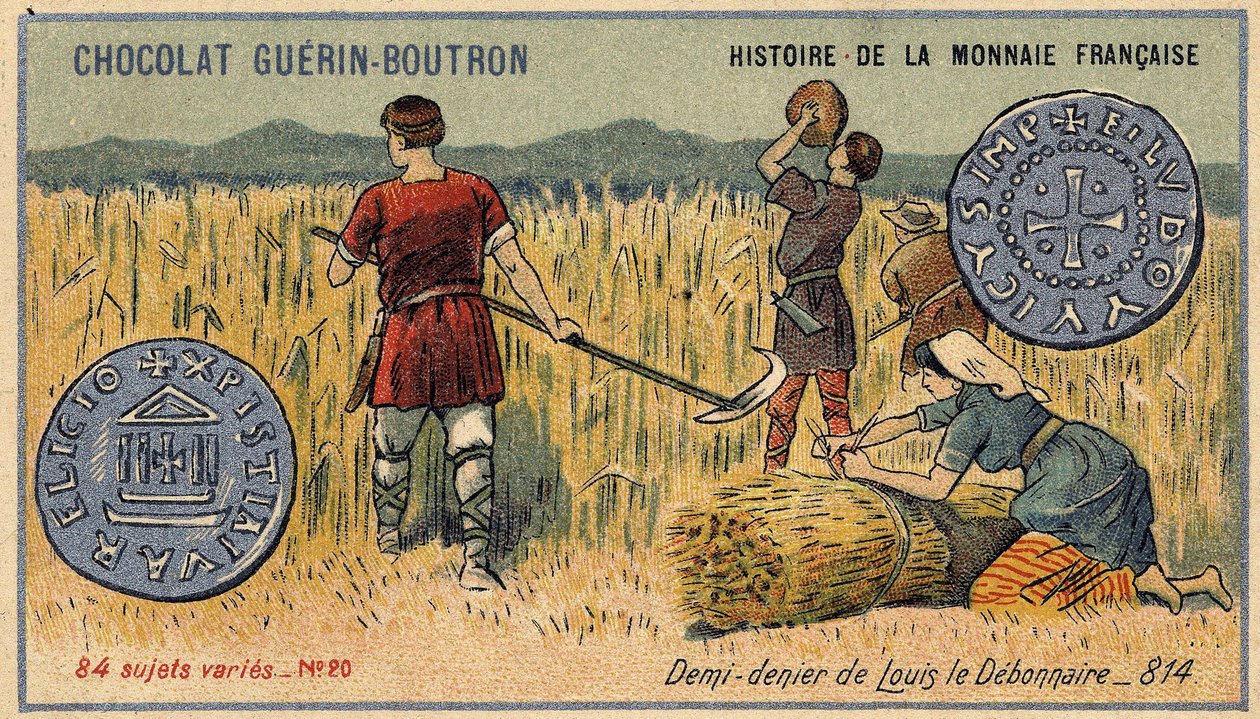 Serie Histoire de la Monnaie Française pubblicata da Chocolat Guérin Boutron. Mezzo denaro di Luigi il Pio nell