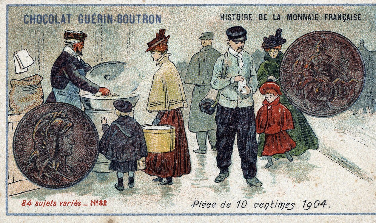 Serie Histoire de la Monnaie Française pubblicata da Chocolat Guérin Boutron. Cromolitografia del XIX secolo. Moneta da 10 centesimi del 1904 da Unknown artist