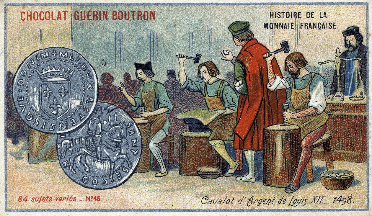 Serie Histoire de la Monnaie Française pubblicata da Chocolat Guérin Boutron. Cromolitografia del XIX secolo. Il Cavalot d