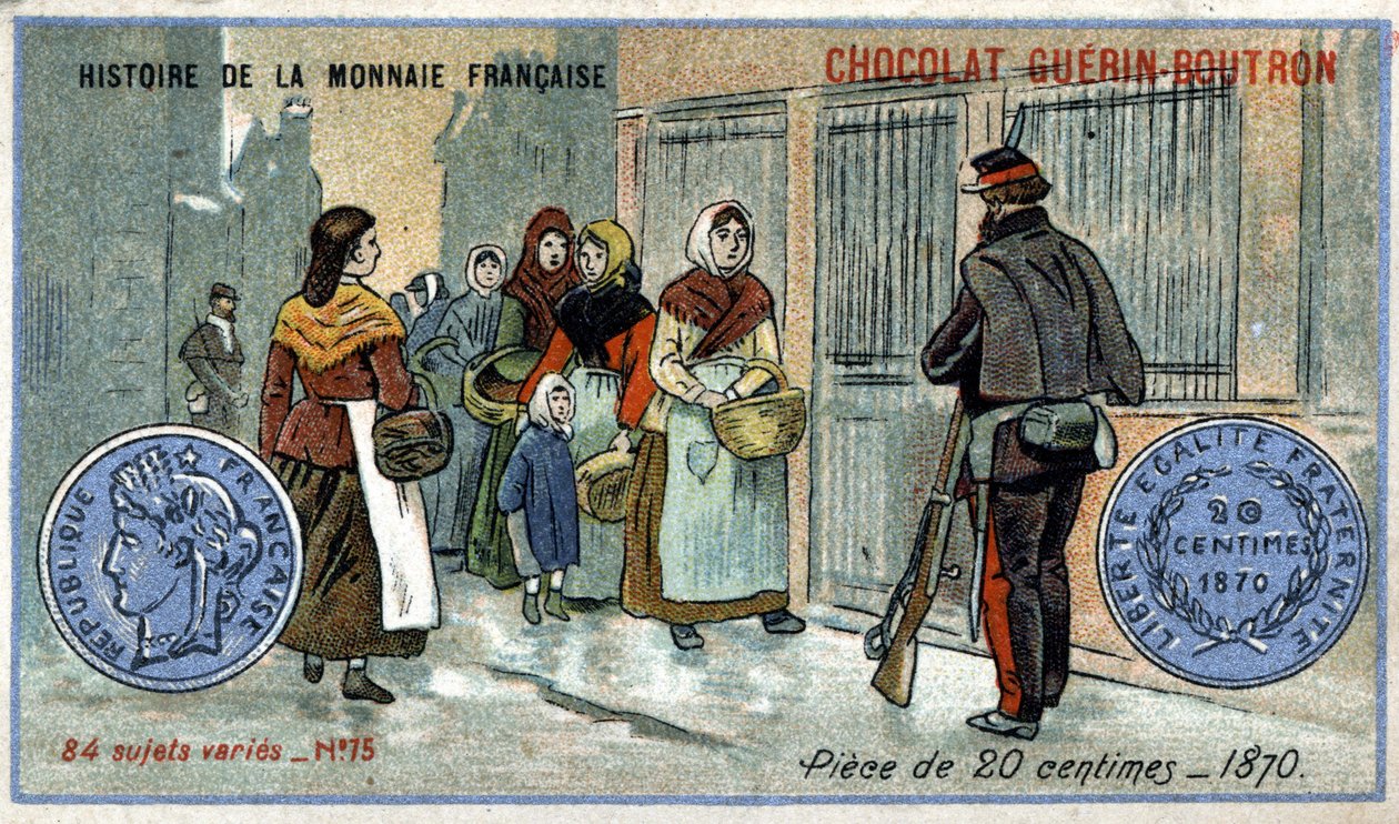 Serie Histoire de la Monnaie Française pubblicata da Chocolat Guérin Boutron. Cromolitografia del XIX secolo. Moneta da 20 centesimi del 1870 da Unknown artist