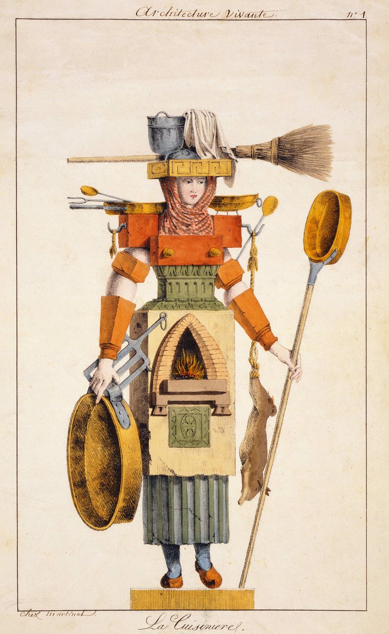 Serie “Architettura Vivente” rappresentante mestieri: La stufa. incisione XIX secolo da Unknown artist
