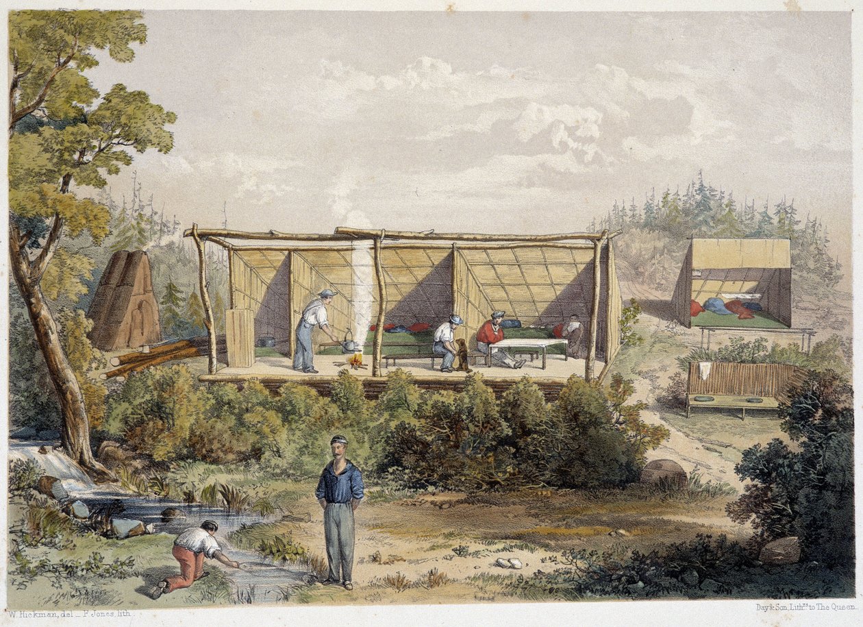 Accampamento dei coloni in Canada - in "Sketches on the nipisaguit a river of New Brunswick in America" di William Hickman, ed. Halifax da Unknown artist