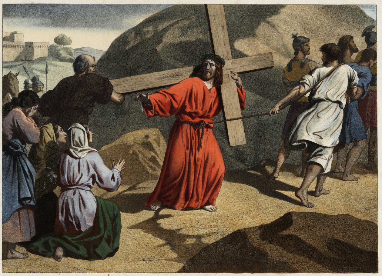 Salita al Calvario: Gesù che porta la croce consola le figlie di Gerusalemme. Incisione anonima della metà del XIX secolo. da Unknown artist
