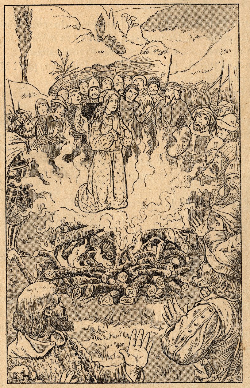 Rimane in mezzo alle fiamme... Santa Rosa da Viterbo (1233-1252). Incisione della fine del XIX secolo. Collezione privata. da Unknown artist