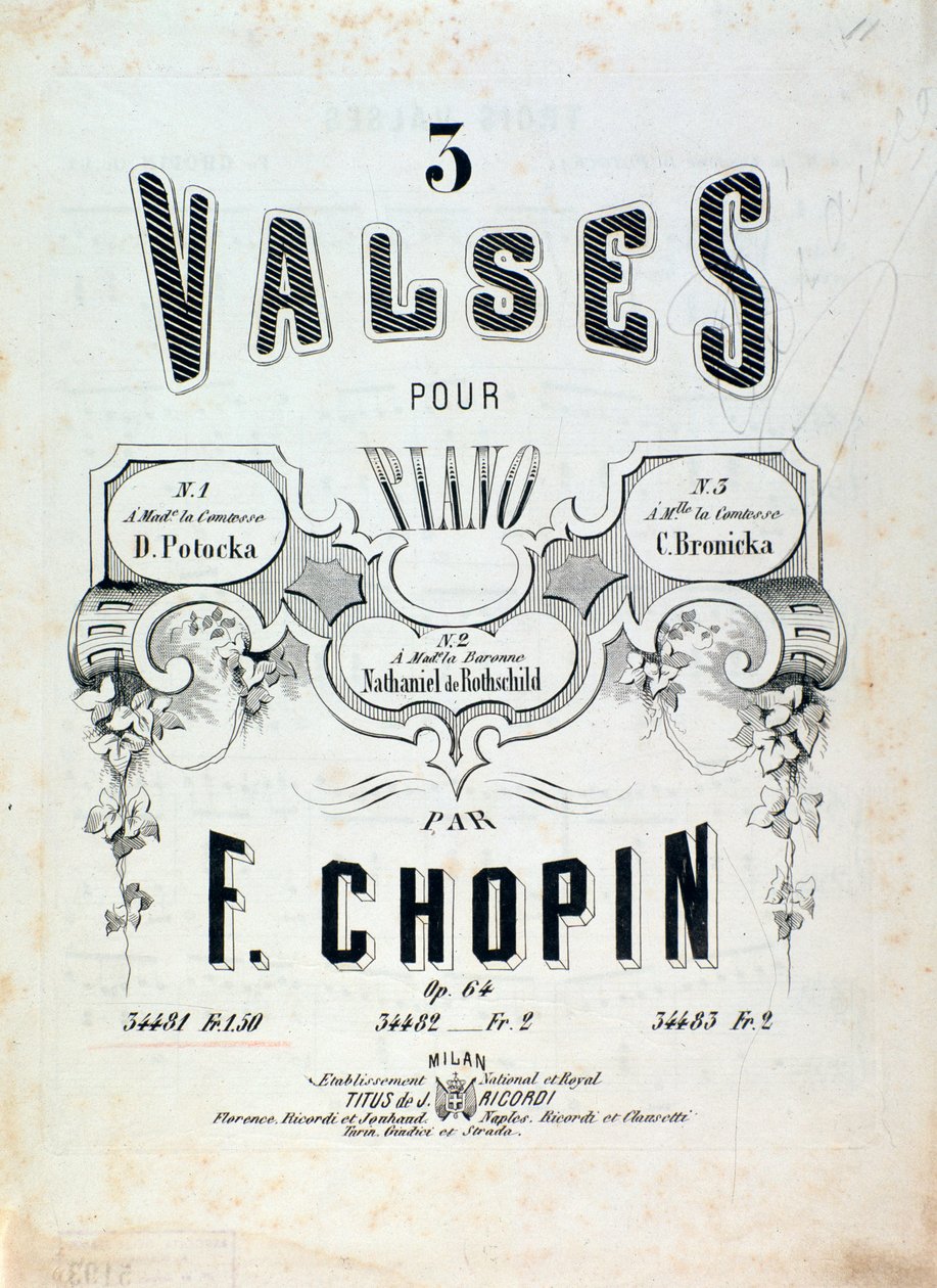 Spartito per 3 valzer per pianoforte op. 64, di Frederic Chopin (frontespizio) da Unknown artist