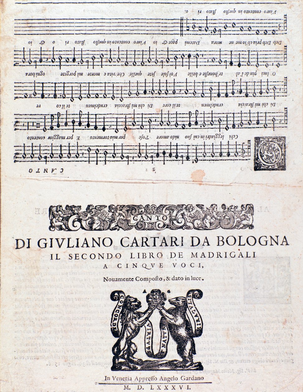 Pagina di spartito dei Madrigali (2° libro) di Giuliano Cartari di Bologna da Unknown artist