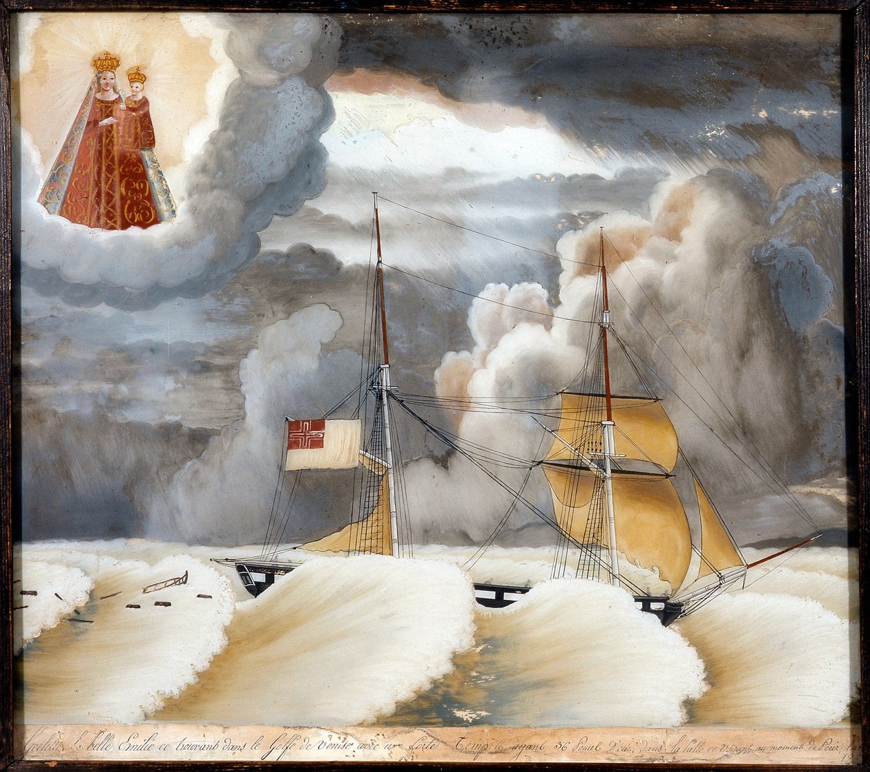 Nave "La belle Emilie" in difficoltà - dipinto su legno, ex voto di Notre Dame de Laghet da Unknown artist