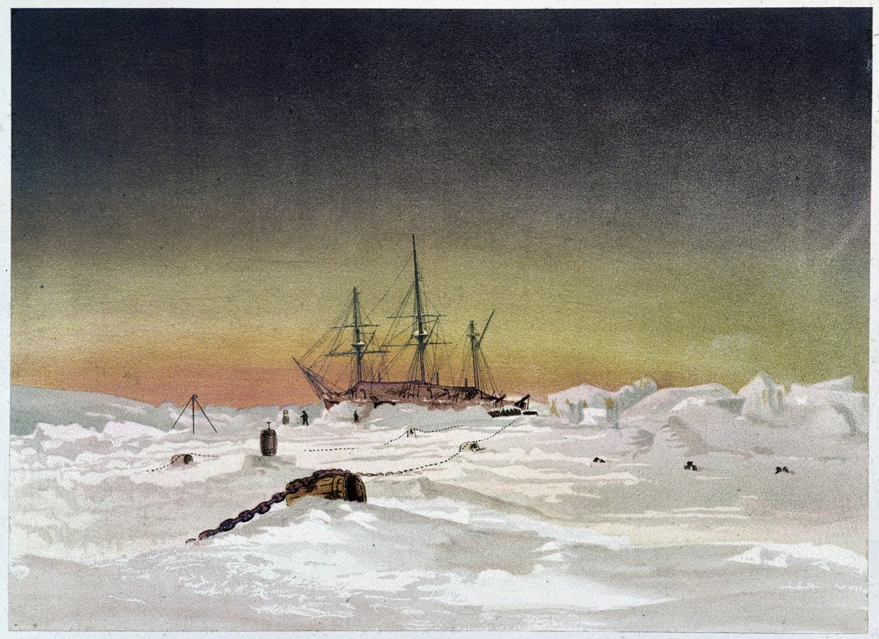 Nave nel ghiaccio - in "Le coste del mare polare, narrazione di una spedizione artica", di Dr. Edward Moos, Marcus Nard & Co, Londra da Unknown artist