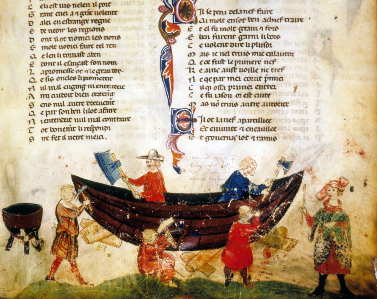 Costruzione navale e calafataggio nel XIII secolo. Miniatura del "Roman de Troy" di Benoit de Saint Maure. XIV secolo Biblioteca Marciana, Venezia da Unknown artist