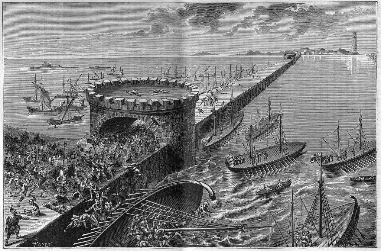 Assedio di Alessandria da parte di Giulio Cesare nel 47 a.C. La galera di Cesare sotto il peso dei soldati che l