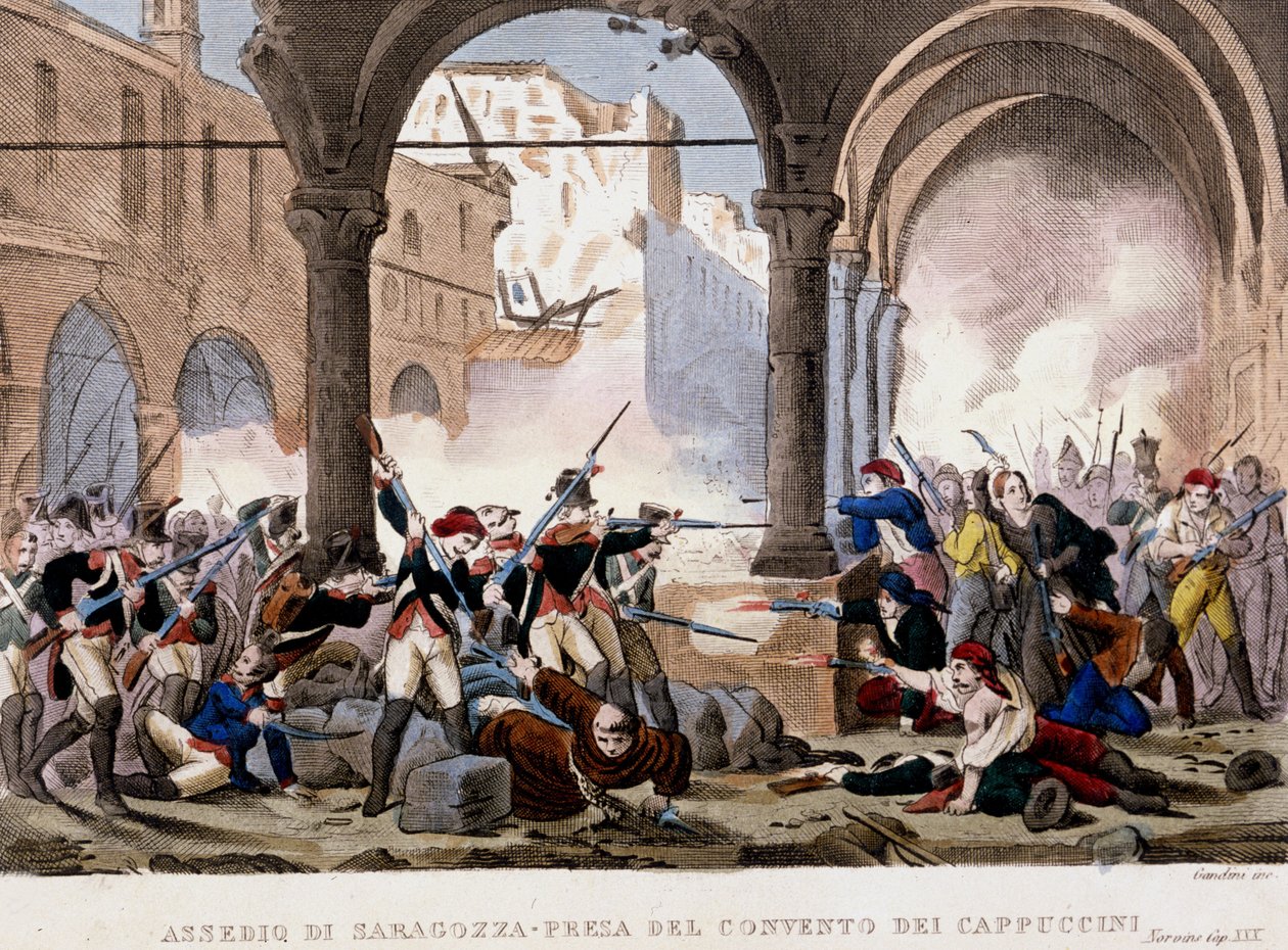 Assedio di Saragozza e il Convento dei Cappuccini nel 1808. Incisione a colori dell