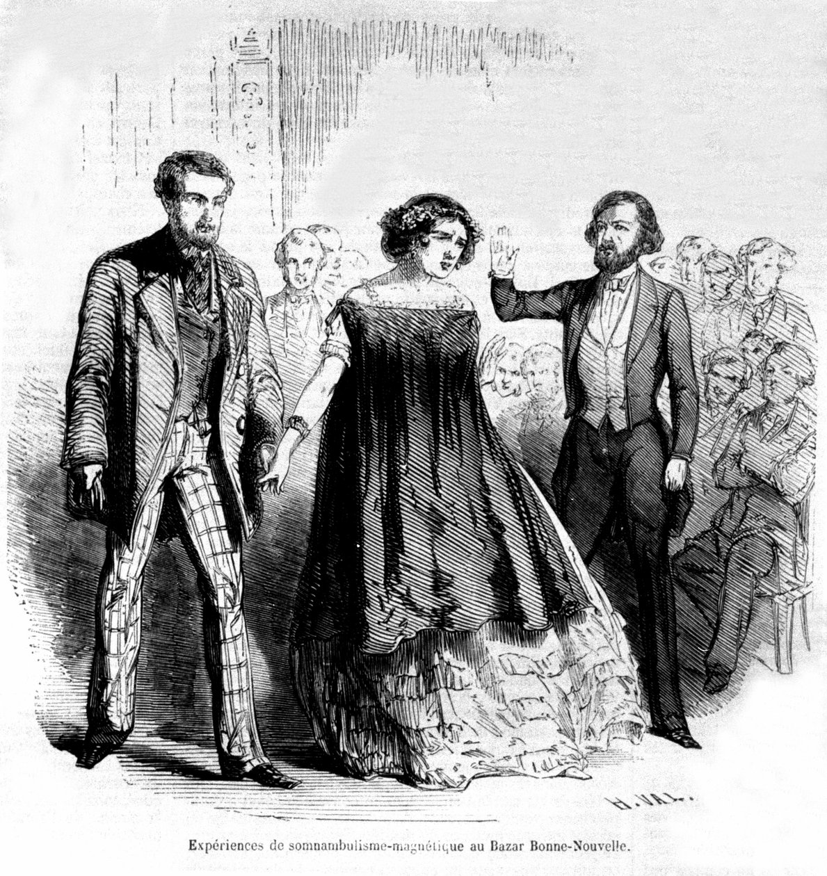 Esperienze di sonnambulismo: magnetismo e ipnosi al Bazaar de la Bonne-Nouvelle, incisione del 1885 da Unknown artist