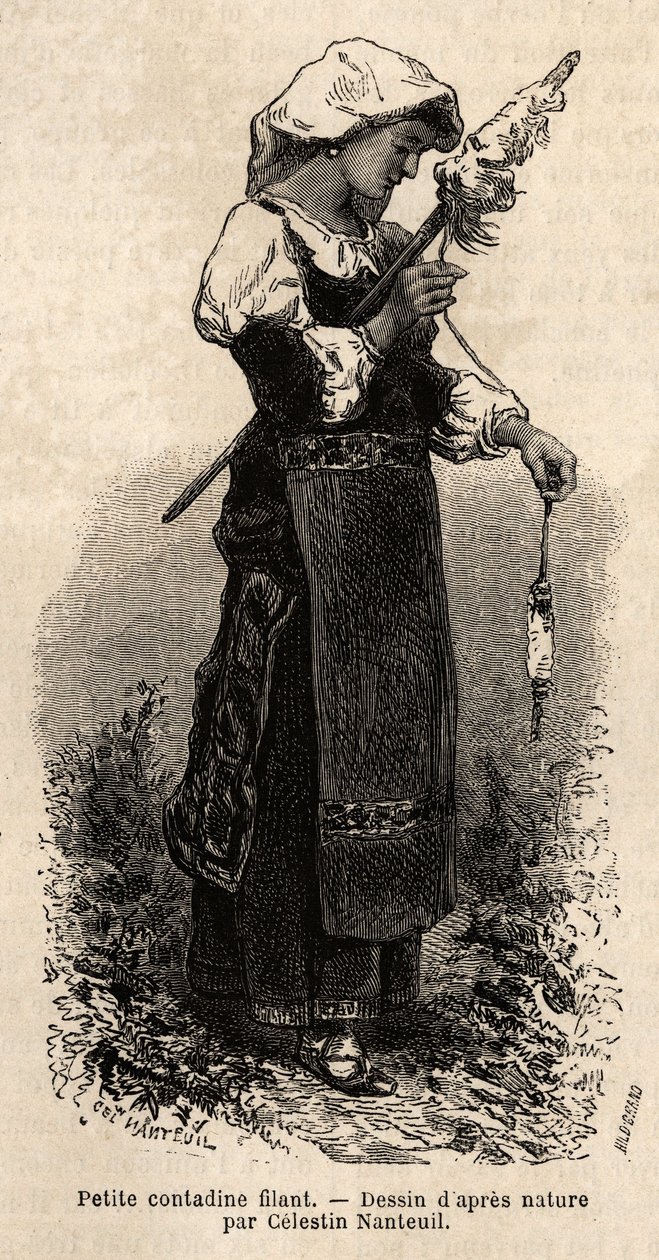 Piccola contadina dei dintorni di Roma, che fila la lana con il suo fuso. Incisione per illustrare il viaggio a Roma, di Francis Wey, nel 1864-1870, pubblicato in "Le tour du monde" 1870-1871, a cura di Edouard Charton, edizione Hachette, Parigi da Unknown artist