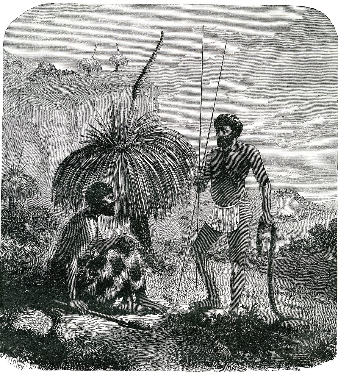 Cacciatori di serpenti in Australia. Incisione 1868 da Unknown artist