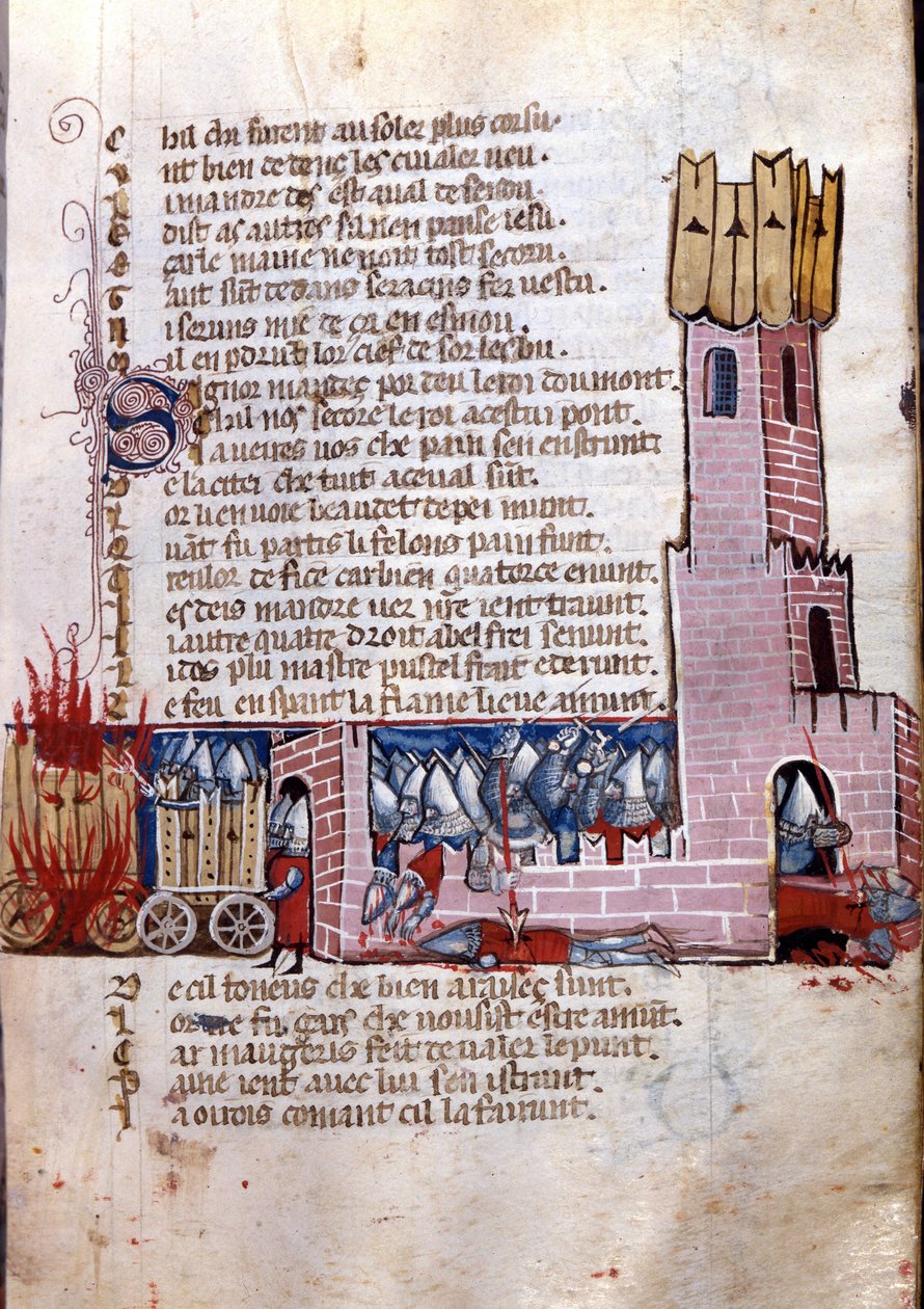 Canzone di gesta: scena di combattimento vicino a una città fortificata (probabilmente la conquista della Spagna da parte dell