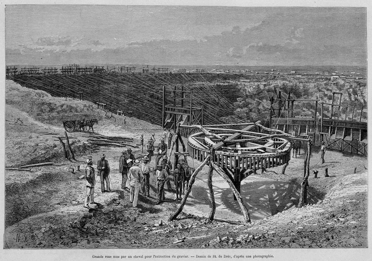 Miniere di diamanti sudafricane: mulino a ghiaia trainato da cavalli - in "Tour du Monde", 2a settimana 1878 da Unknown artist