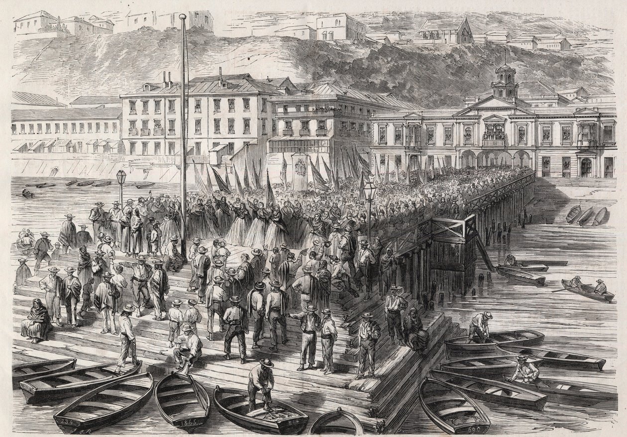 Guerra ispano-americana del Sud tra Cile e Spagna, settembre 1865: le signore di Valparaiso, alla presenza della squadra spagnola che blocca il porto, cantano inni patriottici - Incisione in 