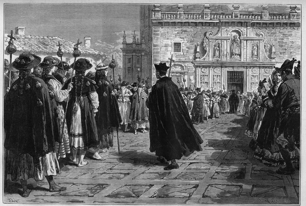 Spagna 1880: le feste di Santiago de Compostela, la processione dei pellegrini all