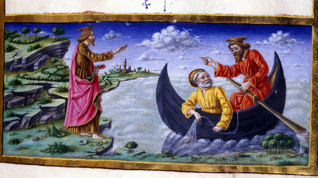 San Pietro: Pesca sul Lago di Tiberiade. Miniatura del XV secolo. Milano, Biblioteca Trivulziana da Unknown artist
