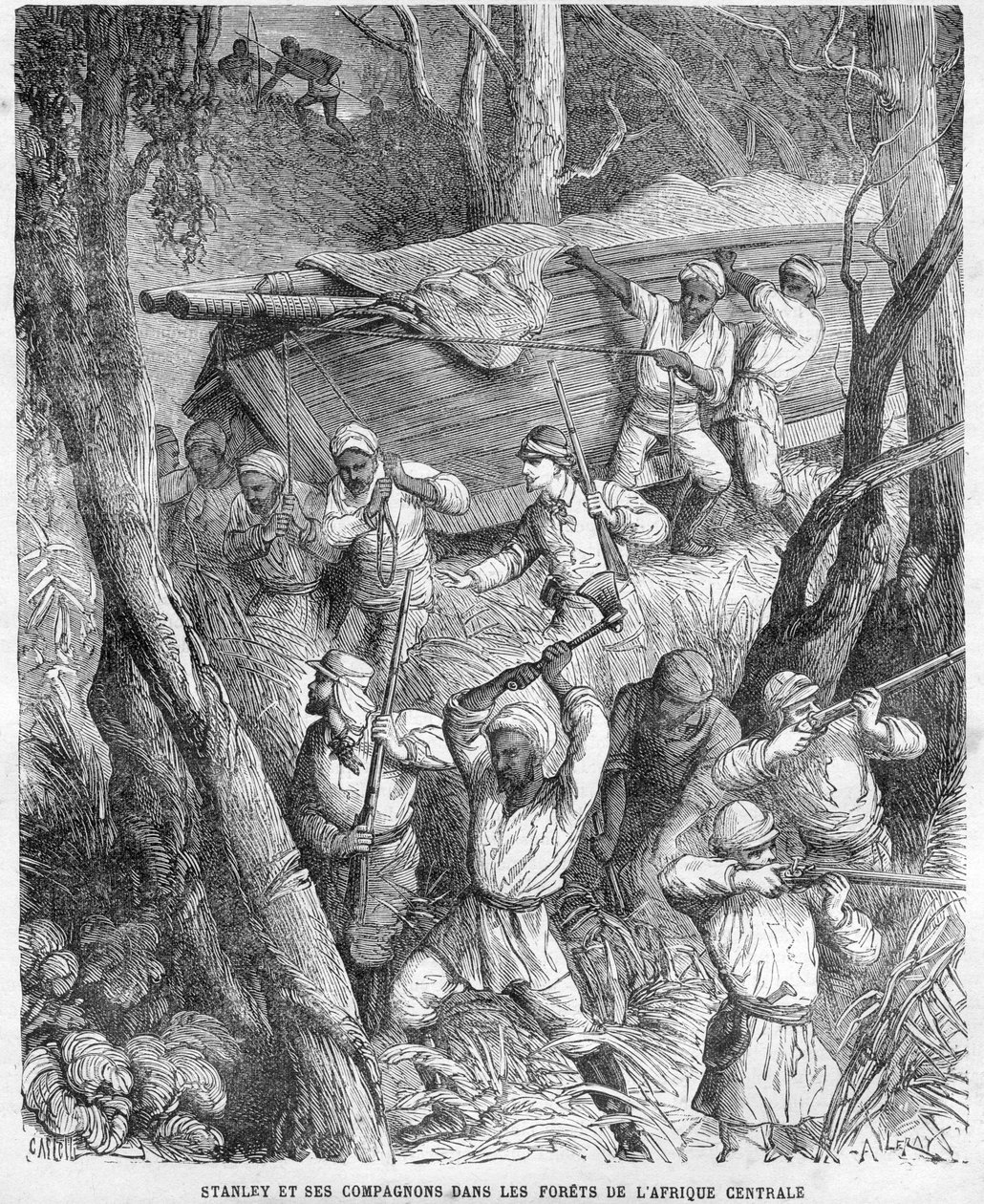 Stanley in Africa - Spedizione di Stanley in Africa Centrale 1874-1877: Marcia attraverso la giungla - xilografia su disegno di Horace Castelli (1825-1889) da Unknown artist