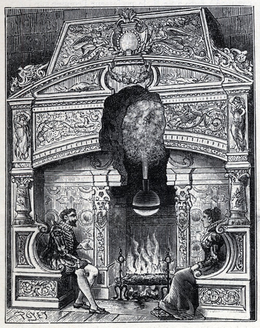 Vapore e calore solare: camino Eolipyl, sistema di macchina a vapore e reazione originariamente progettato da Erone di Alessandria (80 a.C.). Incisione in "La Nature" da Unknown artist