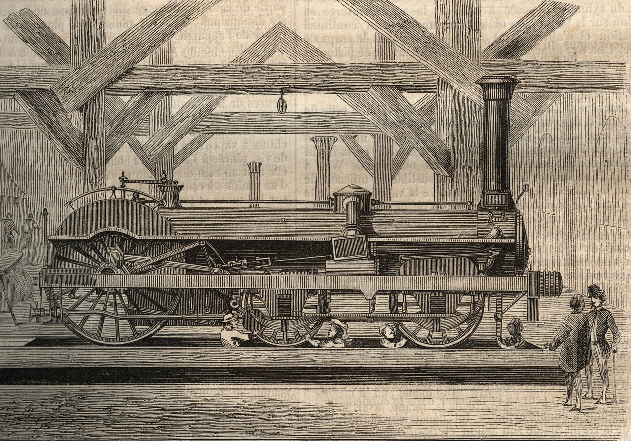 Modello di locomotiva a vapore, sistema Crampton chiamato Thomas Russell Crampton. Incisione del 1856 da Unknown artist