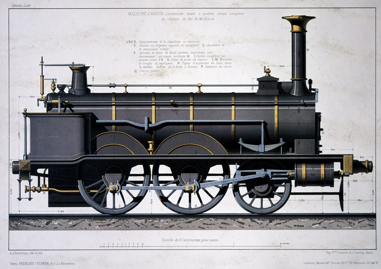 Locomotiva a vapore della Ferrovia di Mulhouse - disegno a lavaggio da Unknown artist