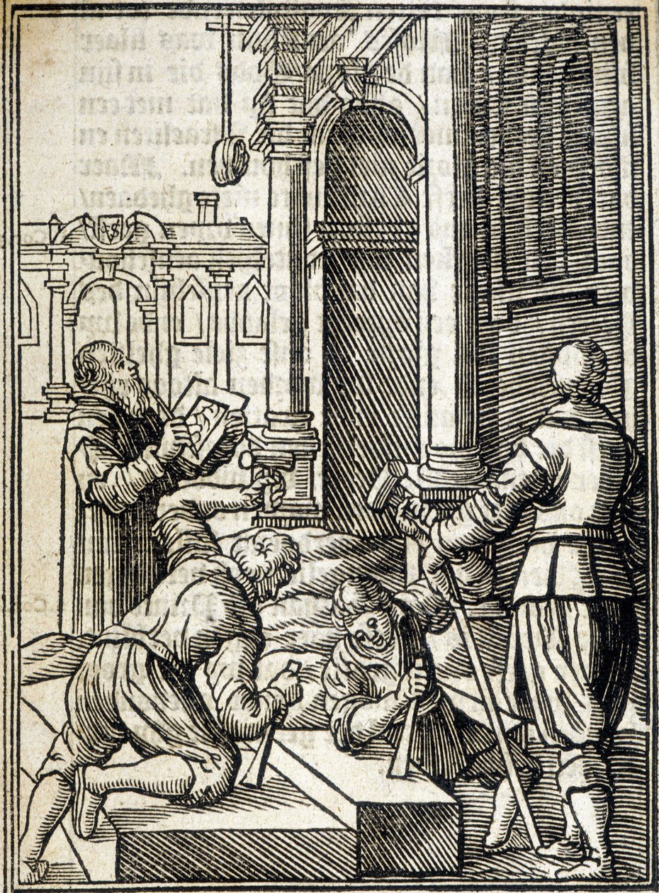 Scalpellini che lavorano alla costruzione di una cattedrale - incisione da Unknown artist
