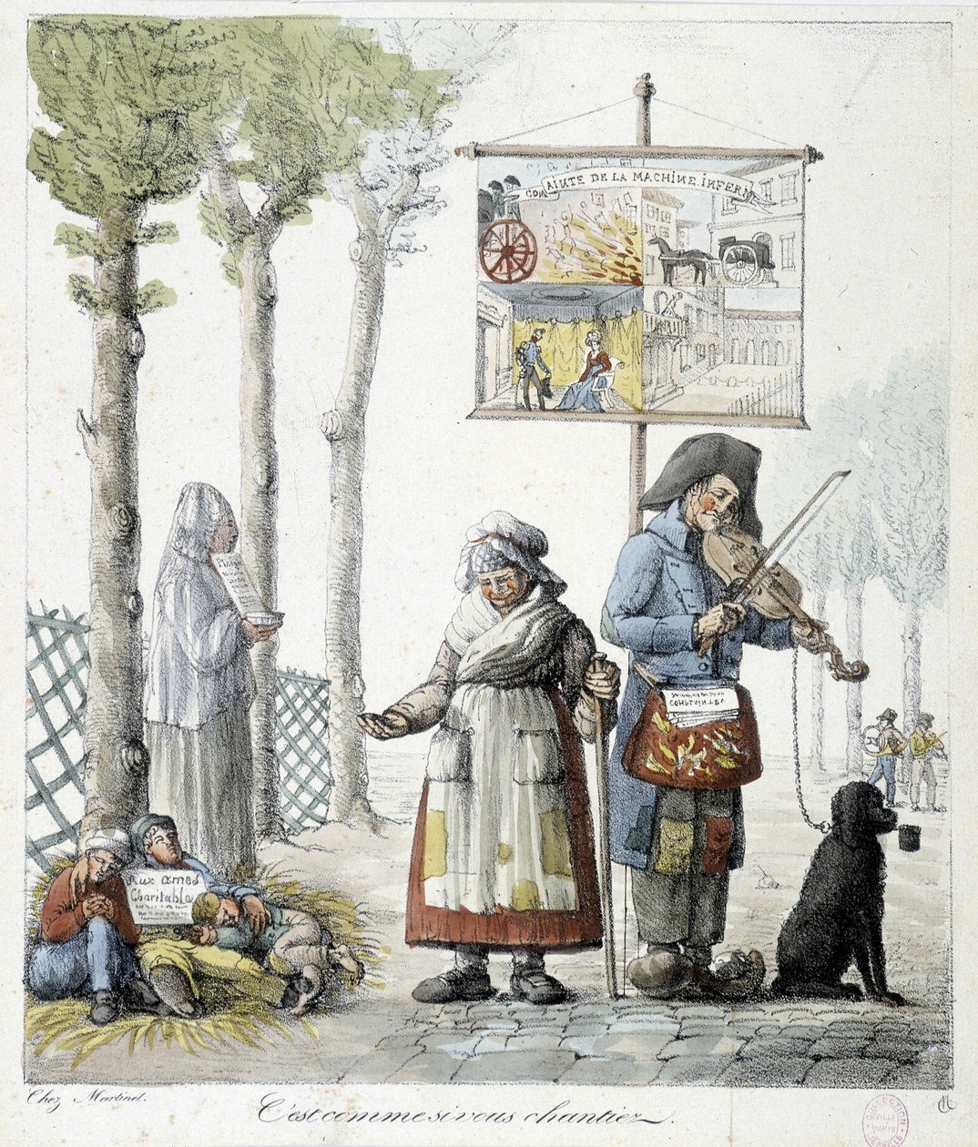 Musicisti di strada, bambini mendicanti - litografia da Unknown artist