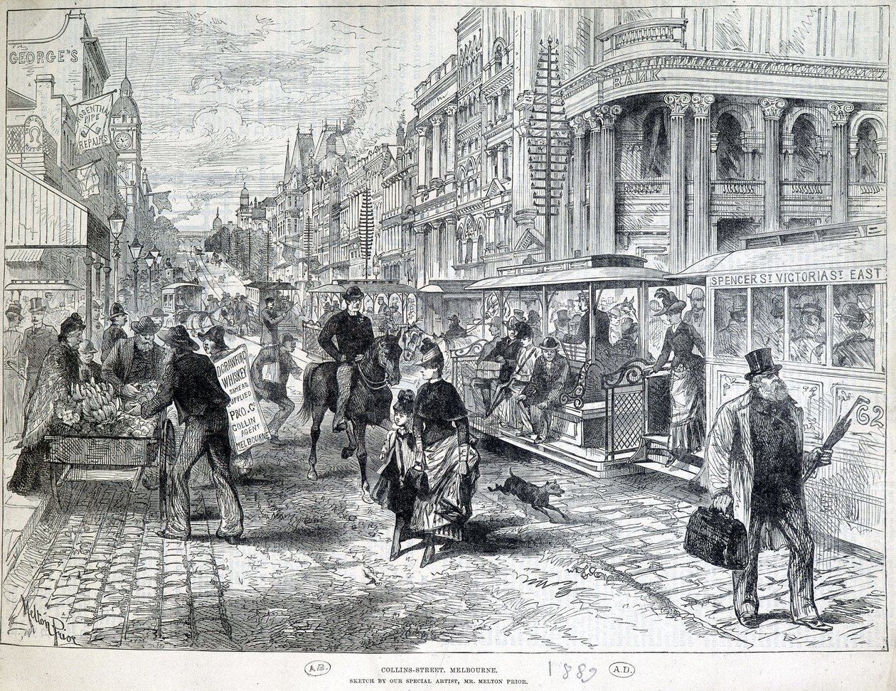 Scene di strada, Collins Street a Melbourne nel 1889 da Unknown artist