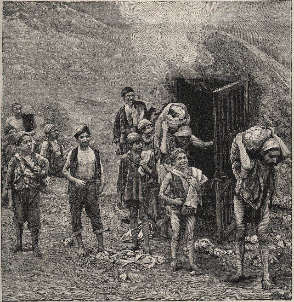 Estrazione dello zolfo (Zolfara) in Sicilia, disegno da Unknown artist