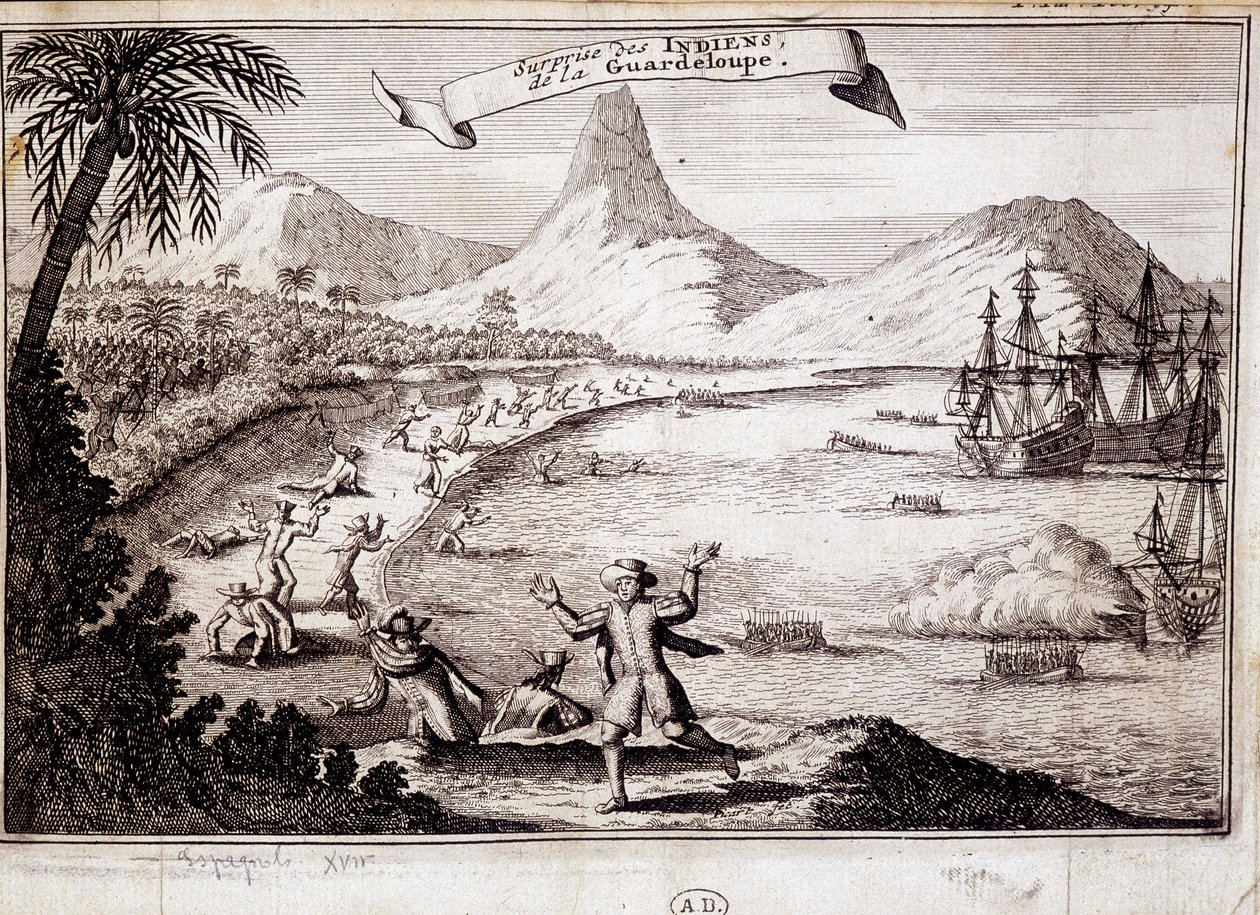 Sorpresa degli indiani allo sbarco di Cristoforo Colombo in Guadalupa (caravelle) - incisione da Unknown artist