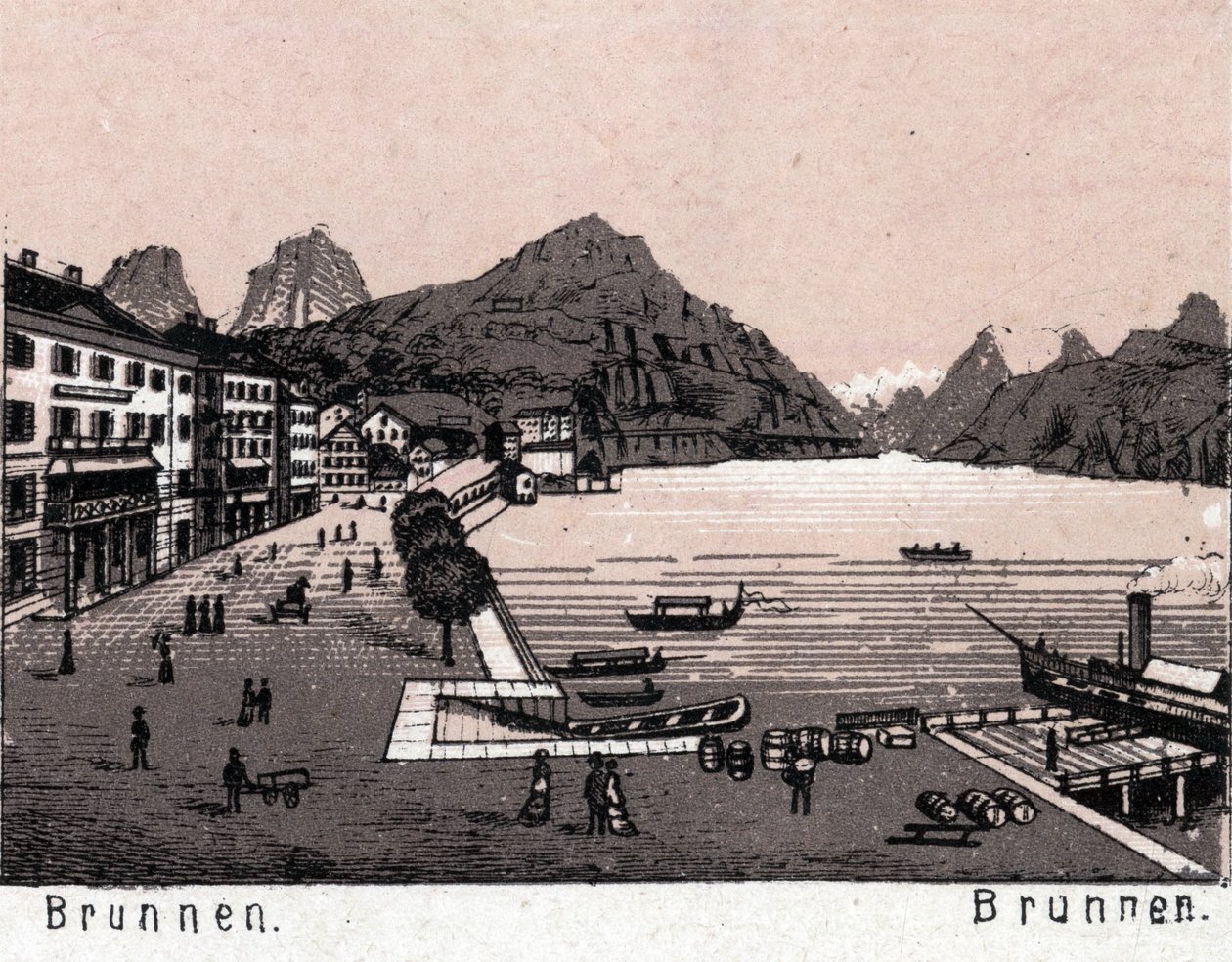 Svizzera: vista della città di Brunnen. in "Il mondo illustrato 168 vedute". Non datato (fine XIX secolo) da Unknown artist