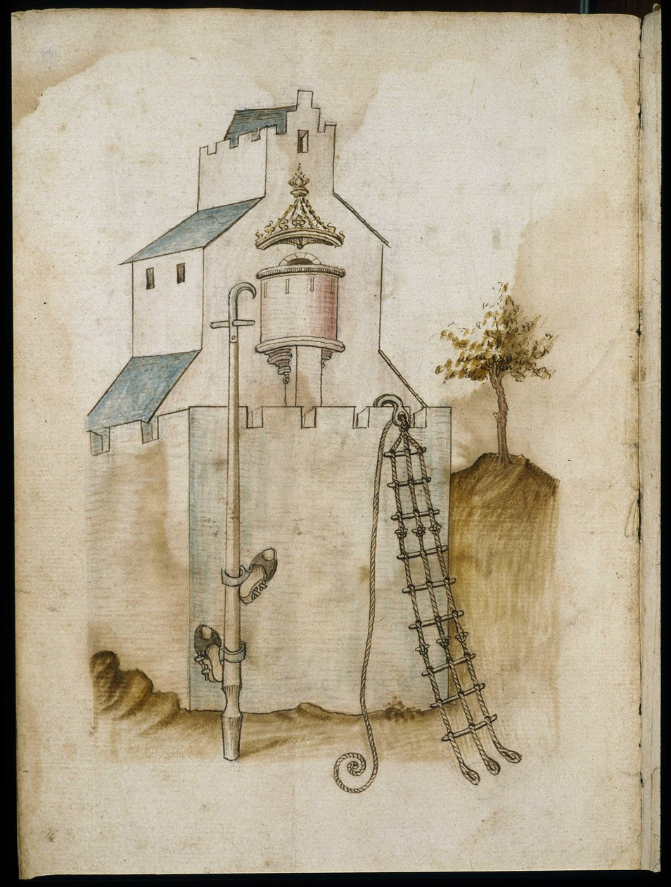 Sistemi per arrampicarsi lungo le mura - Manoscritto: foglio di pergamena di un manuale di ingegneria per la costruzione di edifici civili, religiosi e militari, anonimo, fine XV secolo (figura in inchiostro cinese) da Unknown artist